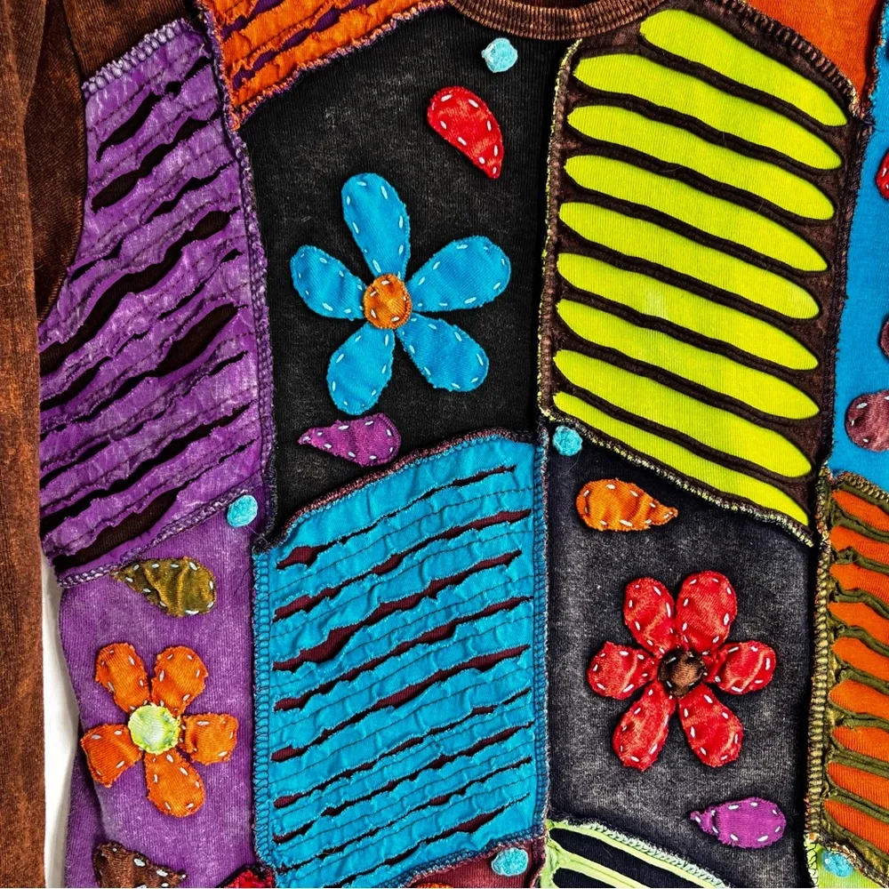 Rising International Hippie Boho Patchwork Shirt Women Medium Embroidered Flower - Picture 5 of 16